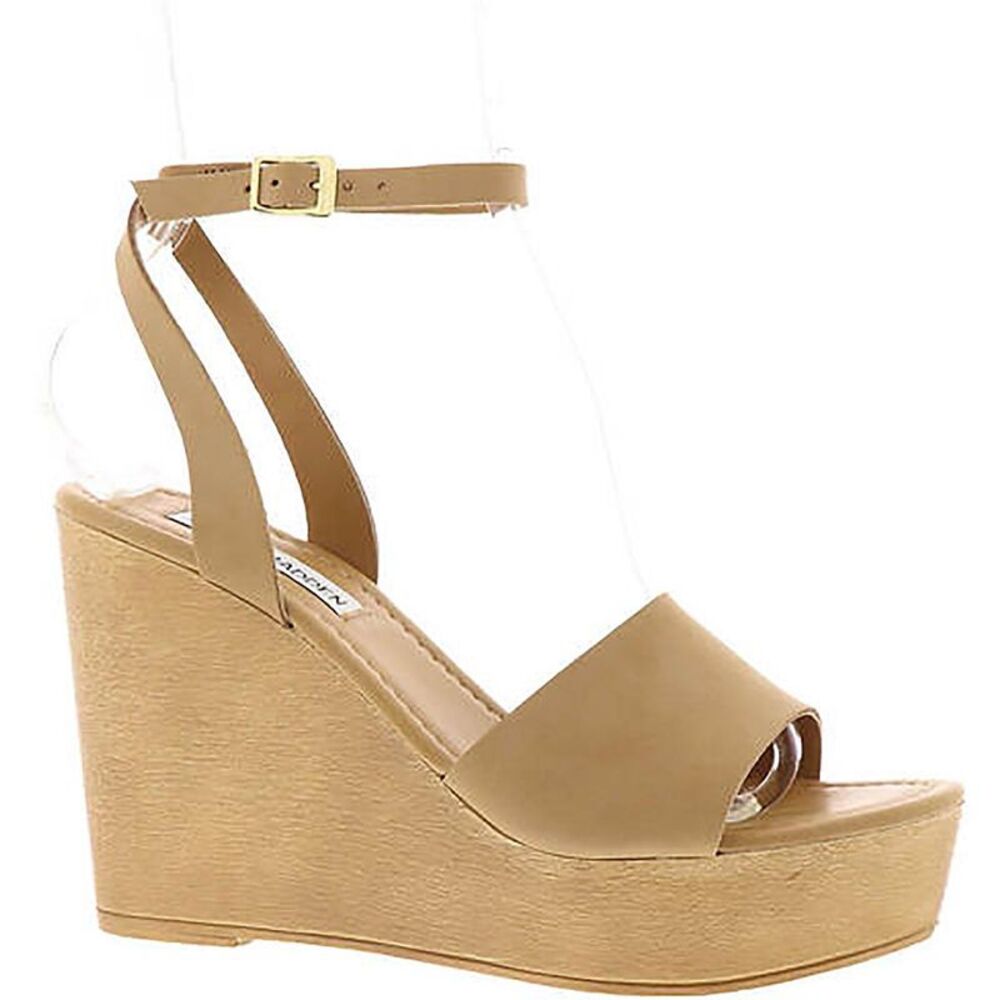 Steve Madden Womens Welsh Tan Nubuck Buckle Sandals Wedge Heels Shoes